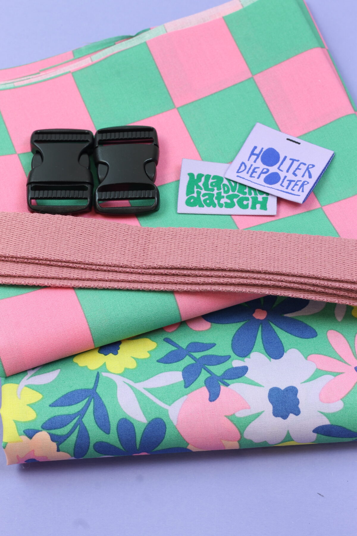 Nähset: 2 x Tasche mit Klickverschluss "Flowers green & Check green/pink"